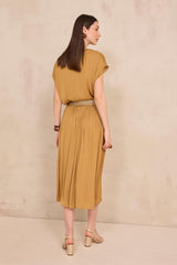 CRYSTAL OCHRE PLEATED MIDI SKIRT
