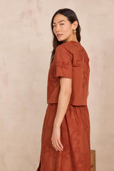 DOLORES BRICK EMBROIDERED SHORT-SLEEVE BLOUSE