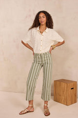 ROSE KAKI STRIPED CROPPED WIDE-LEG TROUSERS