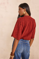 MASHA BRICK 3/4 SLEEVE EMBROIDERED COTTON BLOUSE