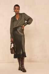 ODILE KHAKI STRAIGHT SKIRT WITH LACE