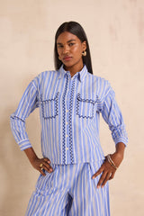 DICKINSON ROYAL BLUE LONG SLEEVE STRIPED COTTON BLOUSE