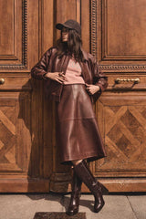 VIOLETTE BURGUNDY LEATHER MIDI SKIRT