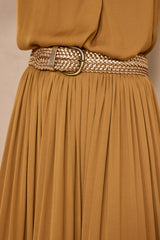 CRYSTAL OCHRE PLEATED MIDI SKIRT