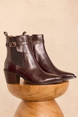 OCEANE CHOCOLATE HEELED LEATHER ANKLE BOOTS