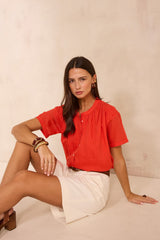 DEVIKA CORAL SHORT SLEEVE COTTON BLEND BLOUSE