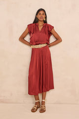 JULIANA BRICK FLUID SATIN LONG SKIRT