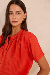 DEVIKA CORAL SHORT SLEEVE COTTON BLEND BLOUSE