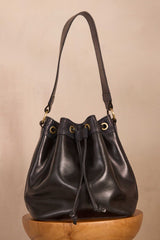 VALENTIN BLACK LEATHER BUCKET BAG