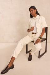 AMANDA ECRU SHORT SLEEVE COTTON BLEND SWEATER