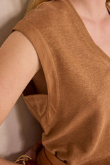 LYNA CARAMEL LINEN BLEND SLEEVELESS T-SHIRT