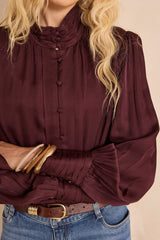 MAY EGGPLANT HIGH-NECK SATIN BLOUSE