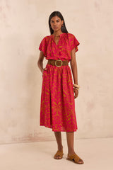 BROWN PRINTED FLUID MIDI COTTON SKIRT