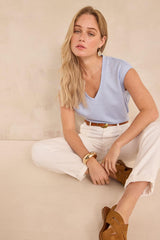 LYNA SKY BLUE LINEN BLEND SLEEVELESS T-SHIRT
