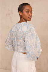 DEVONA SKY BLUE PRINTED LONG SLEEVE COTTON BLOUSE