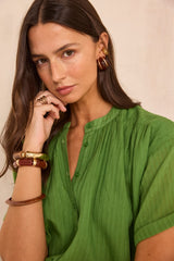 DEVIKA GREEN SHORT SLEEVE COTTON BLEND BLOUSE
