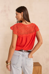 LILOU GERANIUM EMBROIDERED COTTON TOP
