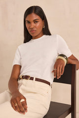 AMANDA ECRU SHORT SLEEVE COTTON BLEND SWEATER