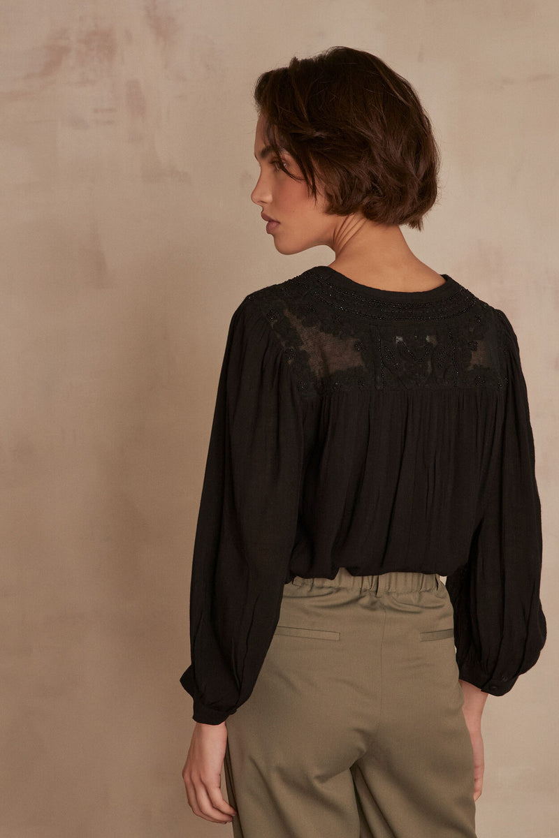 TAYLOR BLACK EMBROIDED V-NECK BLOUSE