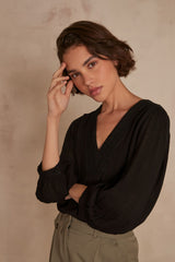 TAYLOR BLACK EMBROIDED V-NECK BLOUSE