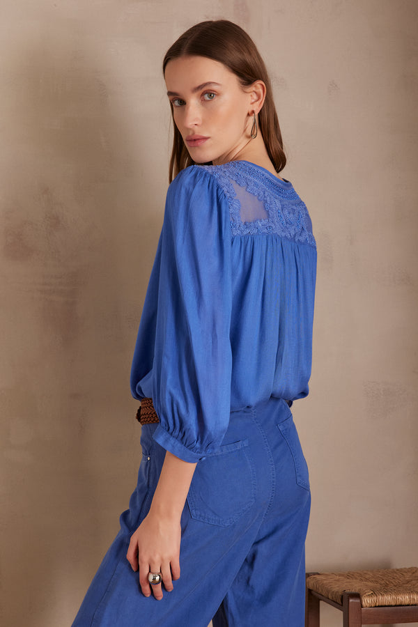 TAYLOR INDIGO EMBROIDED V-NECK BLOUSE