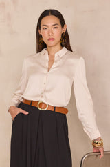 CARLA CREAM SATIN-LOOK FLOWING BLOUSE