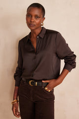 CARLA DARK BROWN SATIN-LOOK FLOWING BLOUSE