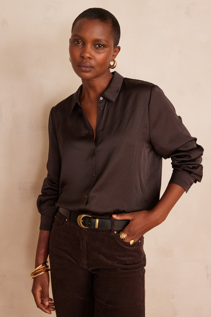 CARLA DARK BROWN SATIN-LOOK FLOWING BLOUSE