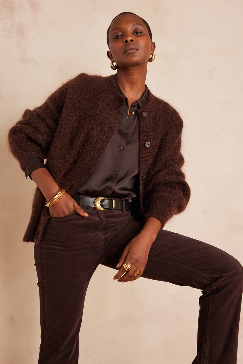 CARLA DARK BROWN SATIN-LOOK FLOWING BLOUSE