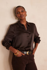 CARLA DARK BROWN SATIN-LOOK FLOWING BLOUSE