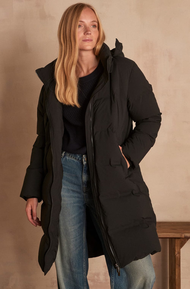 MELISSA LONG BLACK QUILTED DOWN COAT