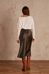 AMELIA KAKI SATIN MIDI SKIRT