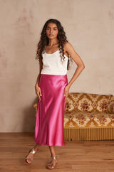 AMELIA PINK SATIN MIDI SKIRT