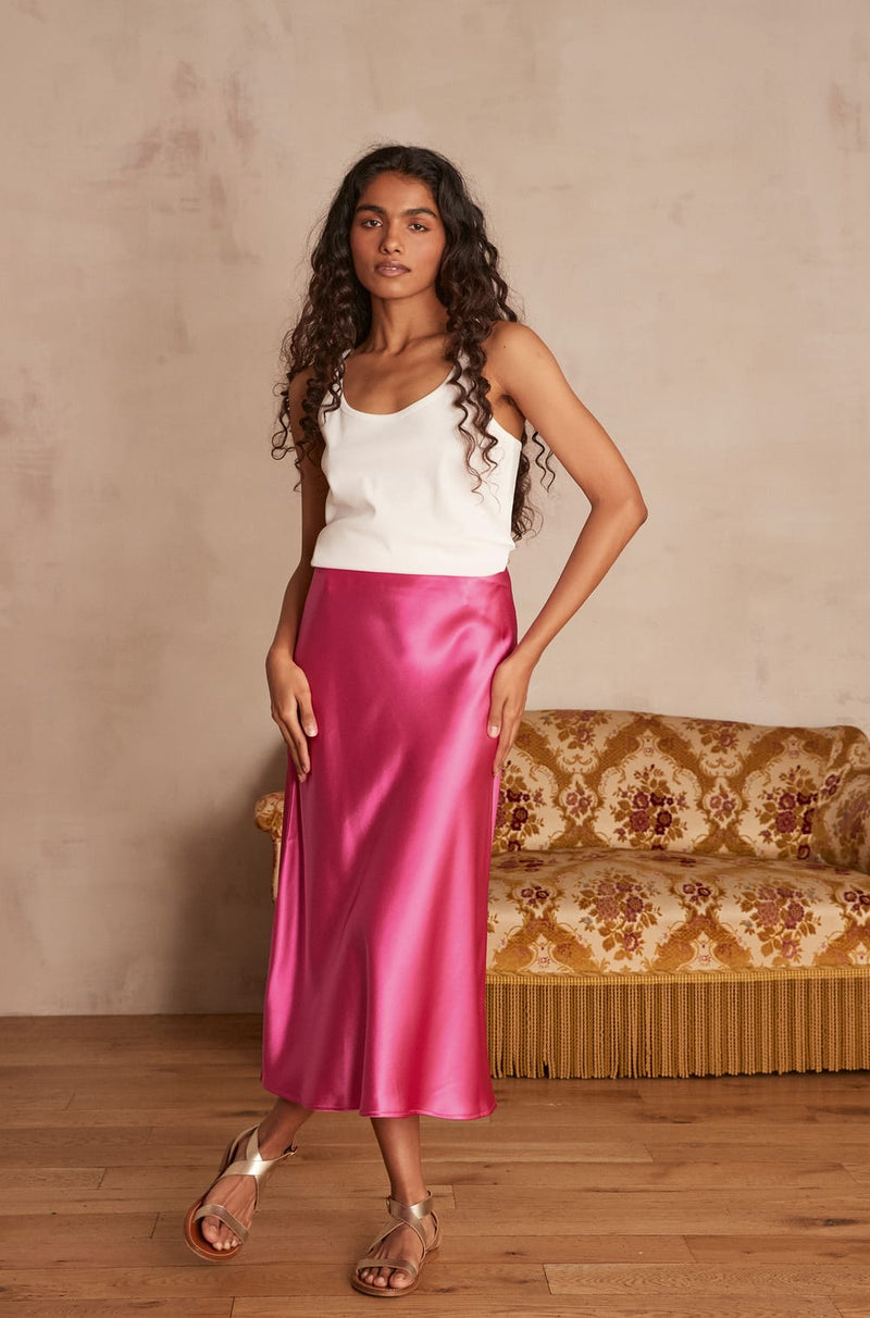 AMELIA PINK SATIN MIDI SKIRT