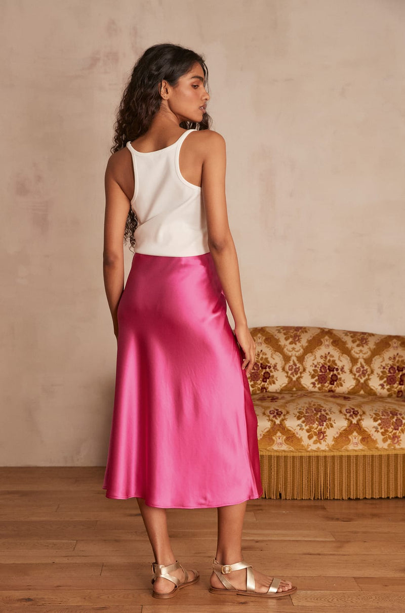 AMELIA PINK SATIN MIDI SKIRT