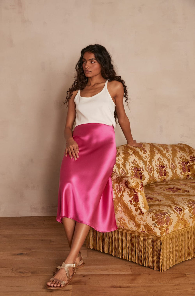 AMELIA PINK SATIN MIDI SKIRT