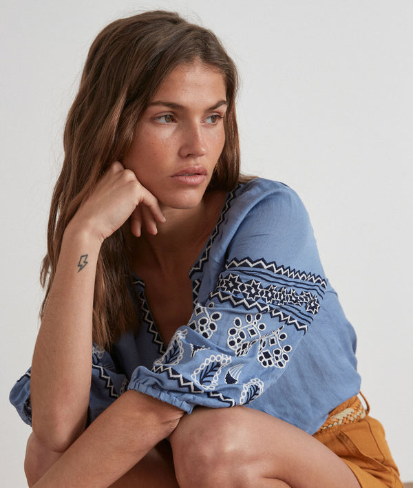 TILLY BLUE EMBROIDERED BLOUSE