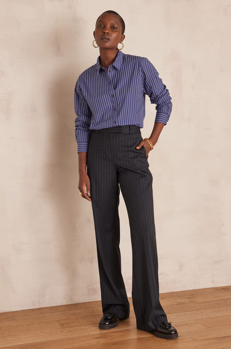 LAYLA NAVY BLUE WIDE-LEG STRIPED TROUSERS