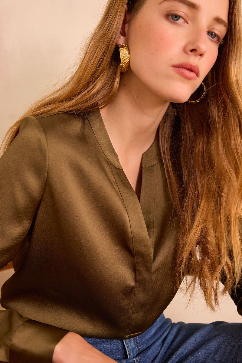MARIE KHAKI SATIN BLOUSE