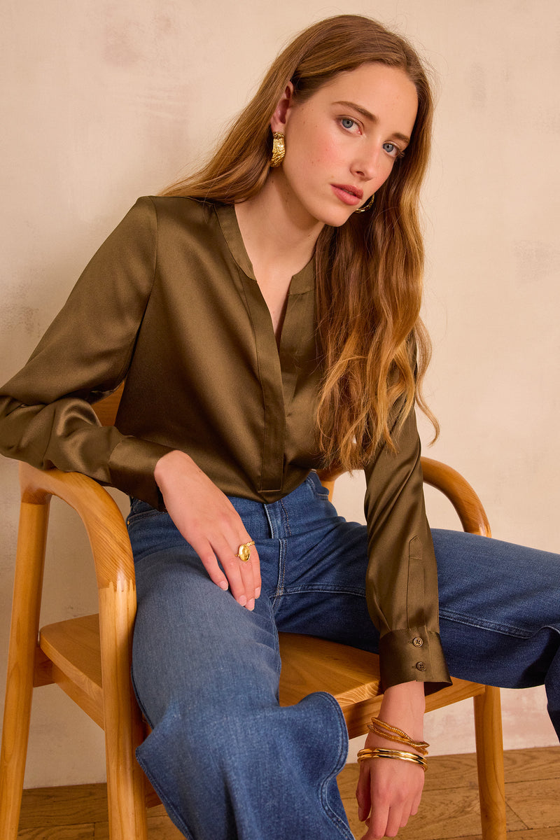 MARIE KHAKI SATIN BLOUSE