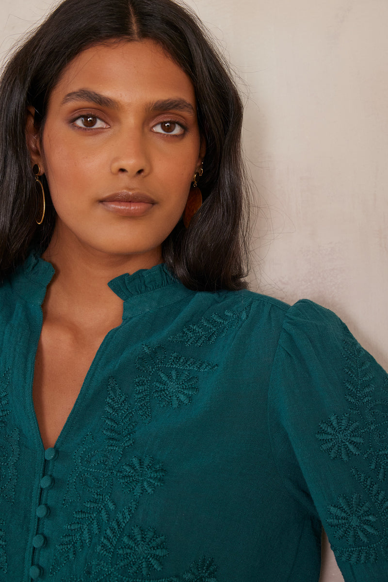 MALIA GREEN EMBROIDERED COTTON BLOUSE
