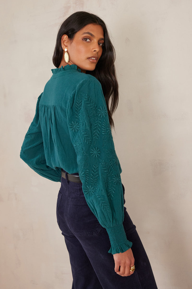 MALIA GREEN EMBROIDERED COTTON BLOUSE