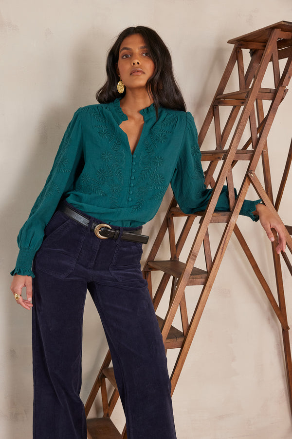 MALIA GREEN EMBROIDERED COTTON BLOUSE