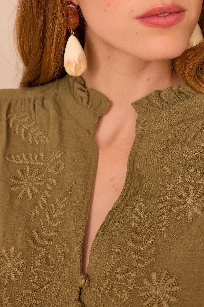 MALIA KHAKI EMBROIDERED COTTON BLOUSE