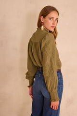 MALIA KHAKI EMBROIDERED COTTON BLOUSE