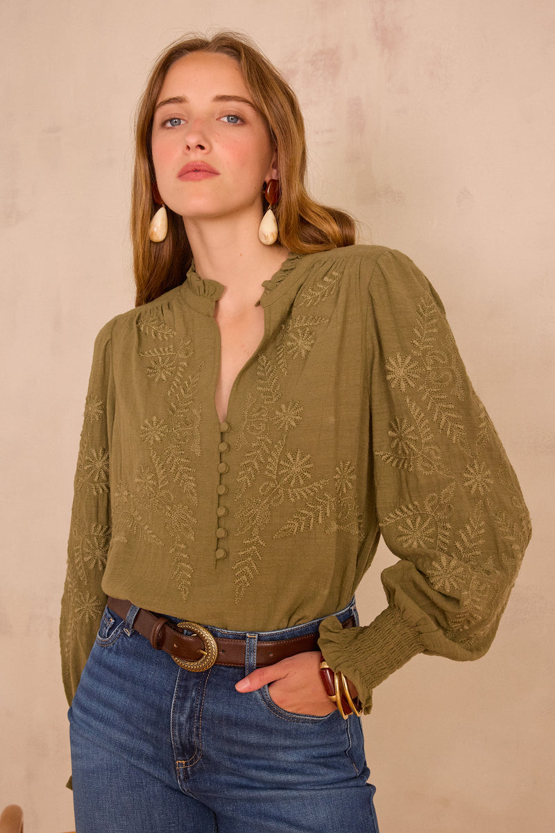 MALIA KHAKI EMBROIDERED COTTON BLOUSE