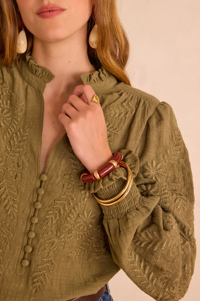MALIA KHAKI EMBROIDERED COTTON BLOUSE