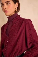 MALIA BURGUNDY EMBROIDERED COTTON BLOUSE