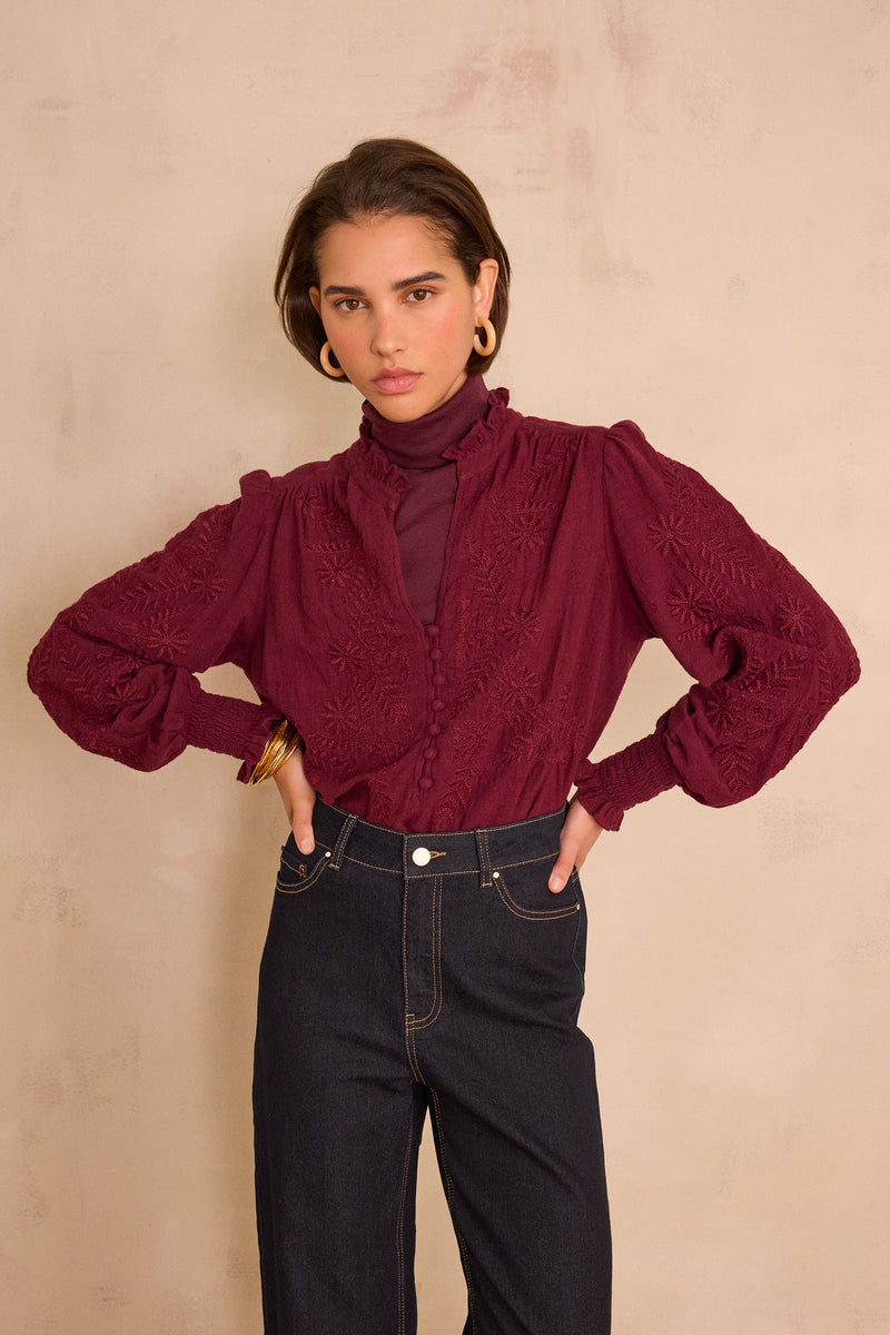 MALIA BURGUNDY EMBROIDERED COTTON BLOUSE