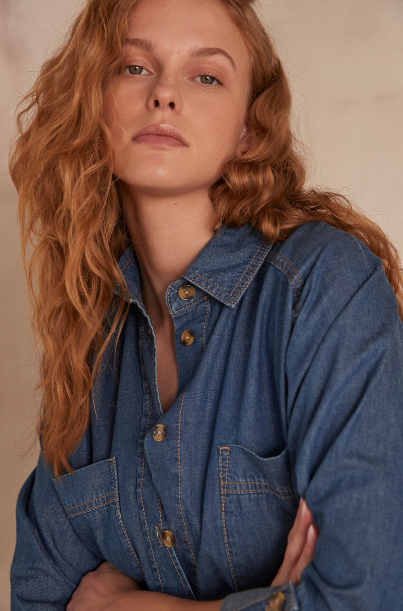 denim adele maxi dress Easel OVERSIZED Tiered Maxi Dress in Dark Denim M